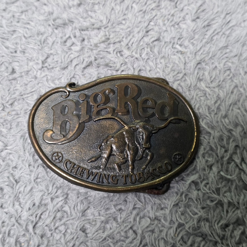 Big Red Mens OS Belt Buckle Bronze Longhorn Bull Chewing Tobacco Vintage